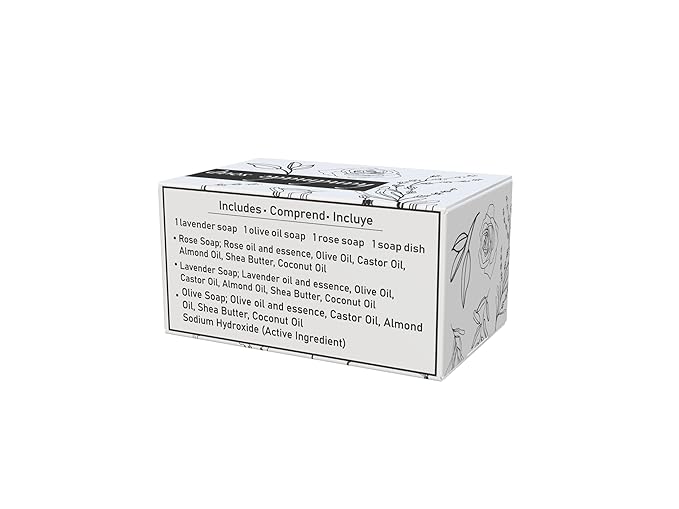 All Natural Set of Soap Bars, Rose, Lavender, Olive Oil with Wooden Soap Dish, Assortment of Natural Hand-Made Soaps, Made in Europe