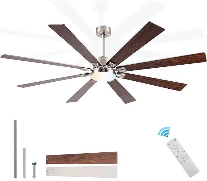 72 inch Large Ceiling Fans with Lights and Remote,Brushed Nickel Modern Indoor & Outdoor Ceiling Fan for Living Room,Patio,6 Speed Reversible Quiet DC Motor,3 CCT,Dual Finish 8 Wooden Blades