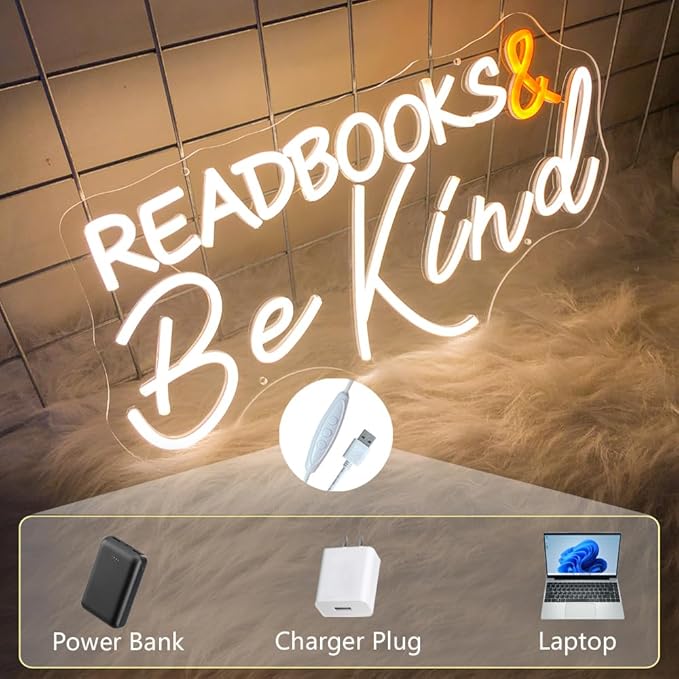 Read Books and Be Kind Neon Sign Letter LED Neon Lights Dimmable USB Powered Neon Light Student LED Neon Light for Classroom Bookstore Library Museum Study Room 19"x9.6"