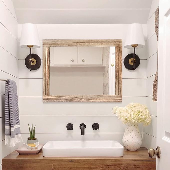 AAZZKANG Rustic Mirror for Wall with Rectangle Wood Framed Decorative Hanging Mirrorrs Large 20"x16"for Bedroom Bathroom Living Room Dressing Room