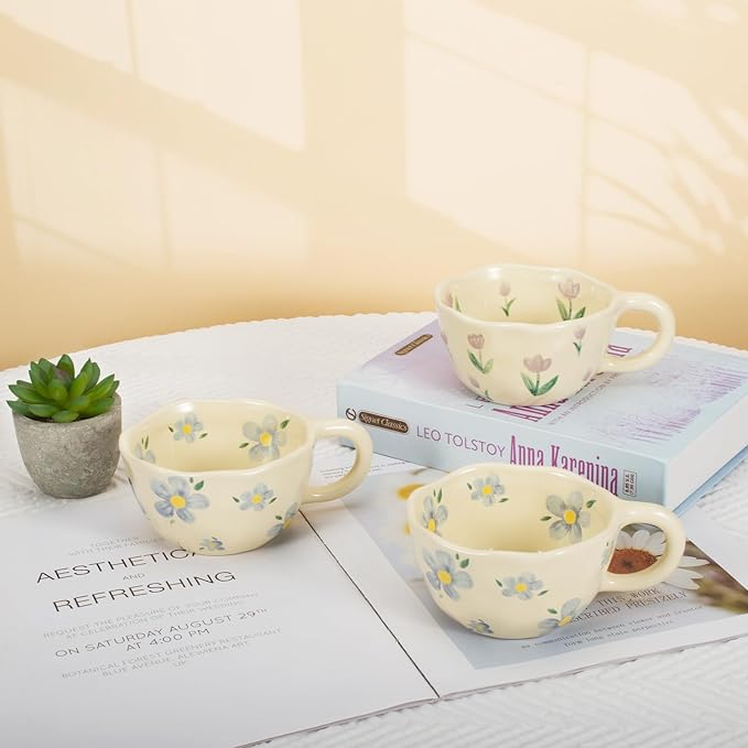 Koythin 2-Pieces Ceramic Coffee Mugs, Creative Cute Flower Cup for Office and Home, 8.5 oz/250 ml Aesthetic Mug for Latte Tea Milk (2 Blue Flower)