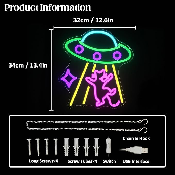 UFO Cat Neon Sign Fun Alien Neon Light Spacecraft LED Sign Adorable Pink Cat Neon Lights Signs for Bedroom Game Room Man Cave Bar Party Decoration Gifts for Kids Wall Art