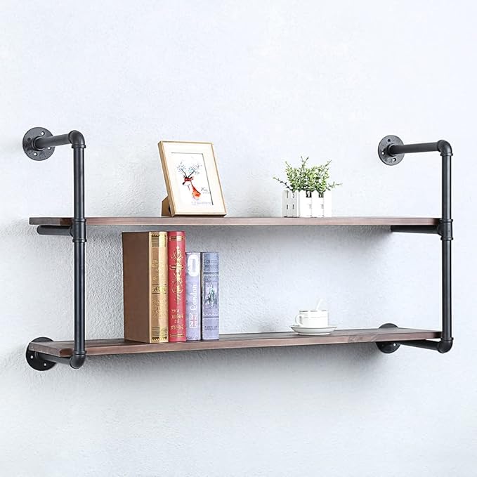 Industrial Pipe Shelving Wall Mounted,42in Rustic Metal Floating Shelves,Steampunk Real Wood Book Shelves,Wall Shelf Unit Bookshelf Hanging Wall Shelves,Farmhouse Kitchen Bar Shelving(2 Tier)