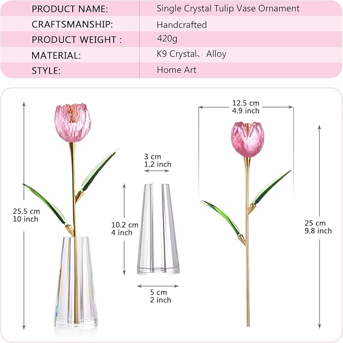 Crystal Tulip Flowers Figurine Collectible- Glass Flowers with Vase,Glass Flower Bouquet Paperweight,Gift for Anniversary Wedding Centerpiece Ornament(Pink)