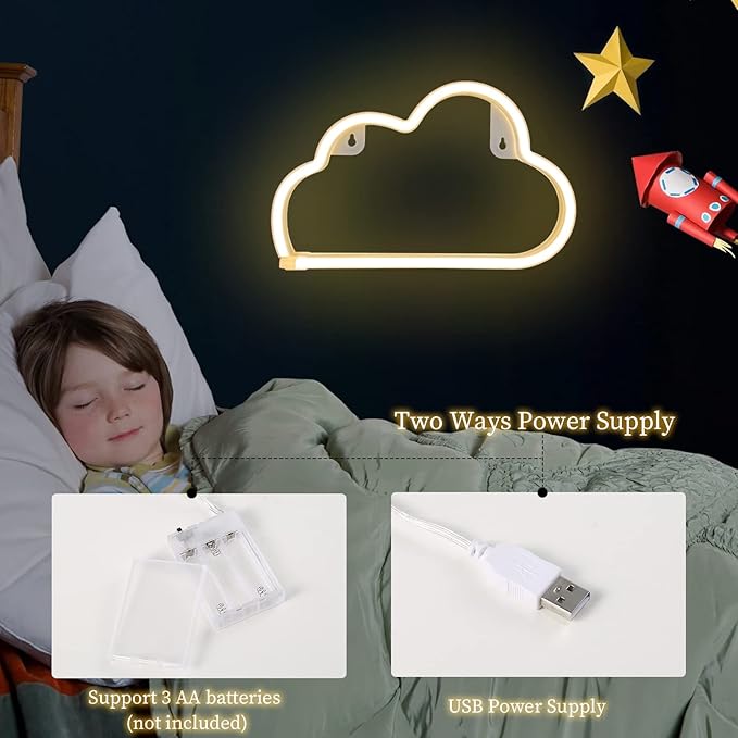 Cloud Neon Signs, LED Cloud Neon Light for Wall Decor, Battery or USB Powered Cloud Sign Shaped Decoration Wall Lights for Bedroom Aesthetic Teen Girl Kid Room Christmas Birthday Wedding Party (Warm Yellow)