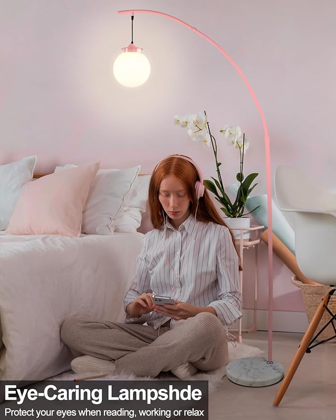 Lightdot Pink Arc Floor Lamp for Living Room, 76Inch Tall Standing Lamp with Marble Base and Globe Bulbs Included, 3000K Warmwhite Modern Mid Century Floor Lamp for Bedroom & Home Office