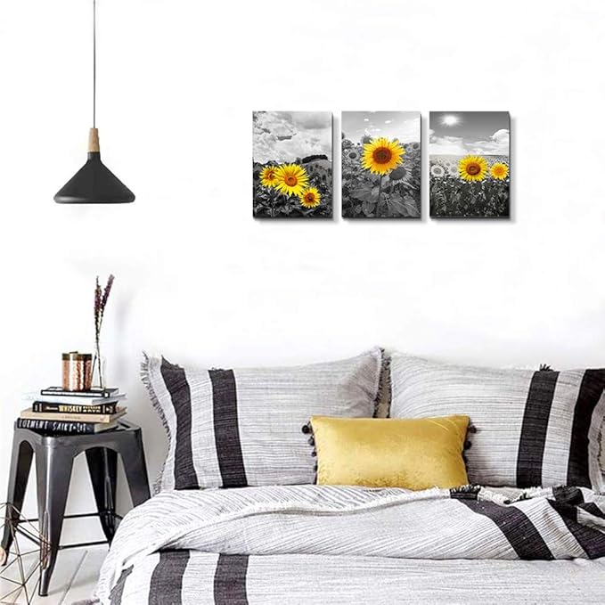 Canvas Wall Art For Living Room Family Wall Decor For Kitchen Black And White Pastoral Scenery Sunflower Flowers Bedroom Wall Painting Home Decoration Bathroom Wall Pictures Artwork 16x12 3 Piece