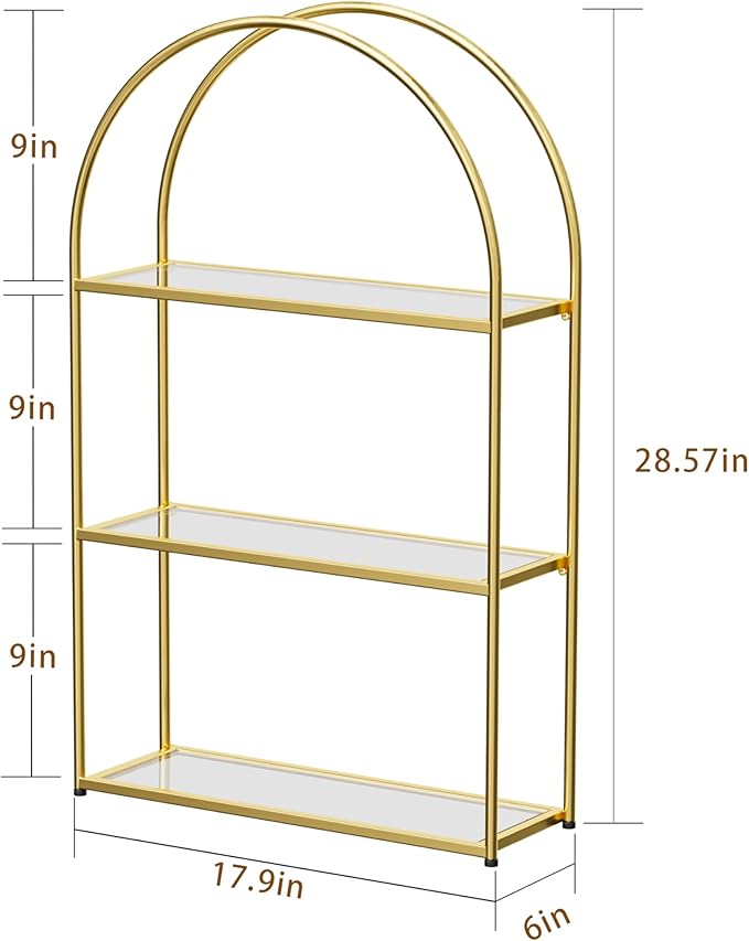 Crofy Gold Arched Frame Wall Shelf, Decorative 3 Tier Bathroom Wall Shelf with Transparent Tempered Glass Shelves and Robust Storage Capacity, 6" D x 17.9" W x 28.57" H