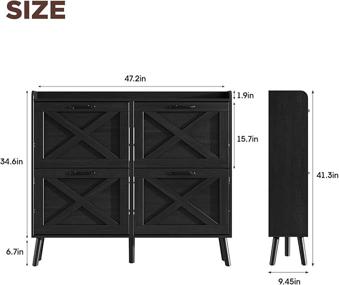 Maupvit Large Shoe Storage Cabinet with 4 Flip Drawers, Narrow Shoe Cabinet for Entryway with Wooden Legs, Freestanding Hidden Shoe Rack Organizer & Metal Hinges, Black