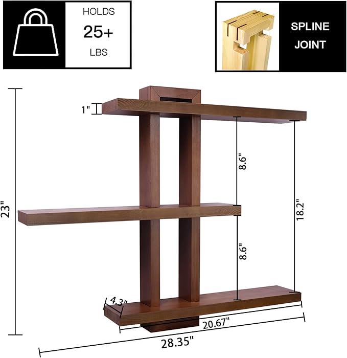 Variable Floating Shelves Wood Set of 3, Cube Wall Mounted Shelves 28.35" Max, Wall Shelves for Living Room Bathroom Bedroom Farmhouse - Light Walnut Color - 28.35" x 23" x 4.3" Max
