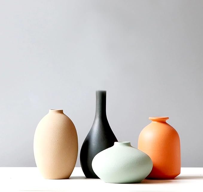 Small Matte Ceramic Vase Set of 4 - Rustic Farmhouse Decorative Vases for Shelf,Office, Home & Bohemian Style - Modern Decor Design Living Room, Table, Mantel,Colorful Unique Flower Vases