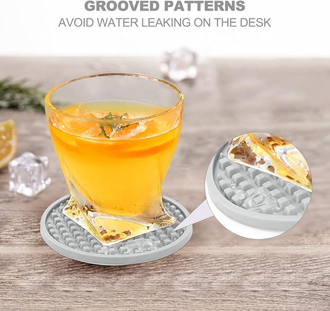 EAGMAK Coasters for Drinks Set of 8, Silicone Drink Coasters with Grooved Pattern, Non-Slip Base, Washable and Heat Resistant Coffee Coasters for Wooden Table, Desk, Kitchen, Office, Bar-Light Grey