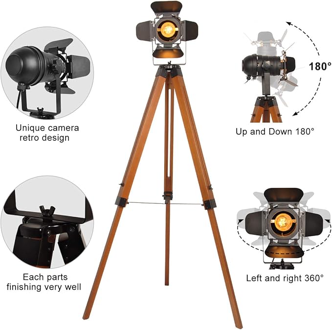 Industrial floor lamps for Living Room, Farmhouse Tripod Lamp for Bedrooms Vintage Steampunk Adjustable 55" Black Metal Camera Wooden Tall Standing Lights for Study Corner, Office (No E26 Bulb)