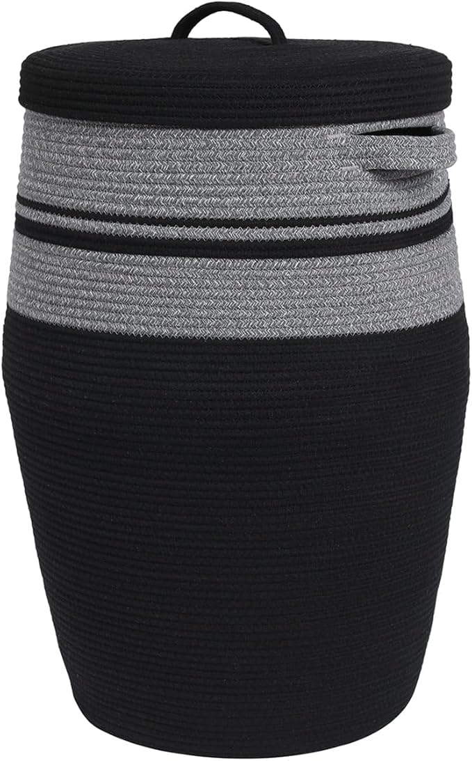 26" x 20" Tall Extra Large Storage Basket with Lid, Cotton Rope Storage Baskets, Woven Laundry Hamper with Cover, for Clothes Blanket in Living Room, Grey Mix/Black