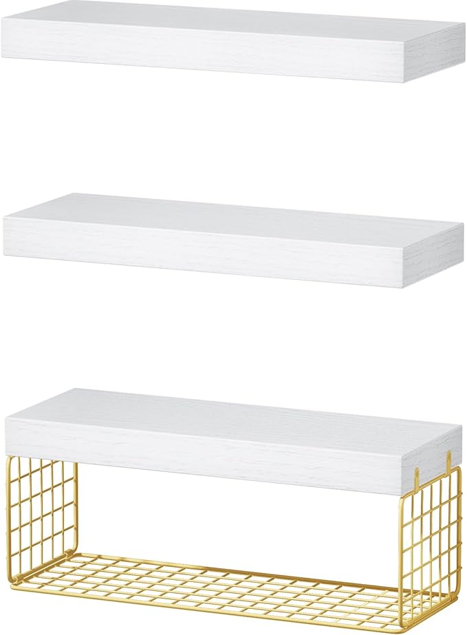 QEEIG Bathroom Shelves Over Toilet - Wall Mounted Floating Shelves Toilet Paper Storage Small Modern Decor Shelf 16 inch Set of 3, White and Gold (019-WG3)