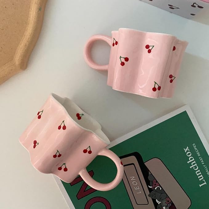 Women Girls Pink Flower Shape Cherry Mug Ceramic Coffee Mug Water Cup 350ml/12oz Cute Novelty Vintage Gift