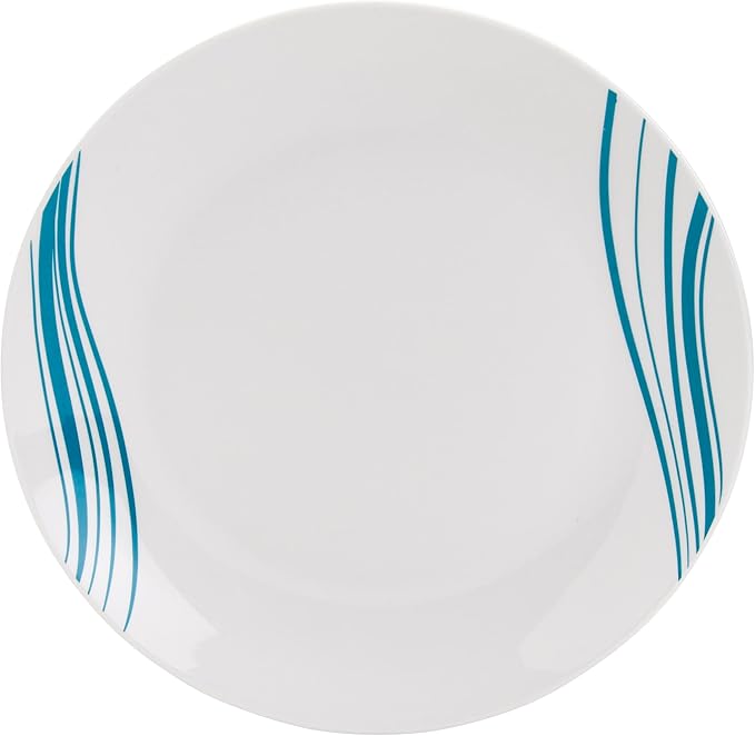 Tabletops Gallery 12-Piece White with Teal Striped Ceramic Dinnerware Set of Kitchen Dishes, Round Dinner Salad Plates Cereal Bowls, Service for 4, Marina