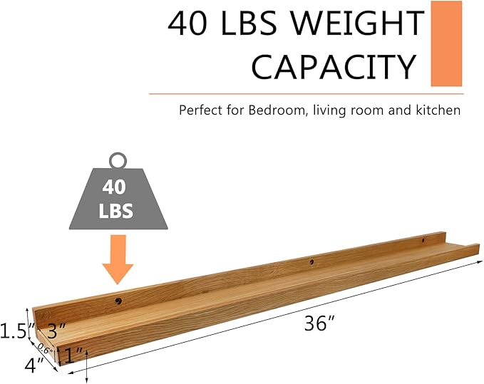 Long Floating Shelf 36 Inch Natural Wood Shelves Set of 2, Rustic Display Books Picture Ledge Shelf for Wall Mounted, Natural Solid Oak Wood Shelf, Easy to Install, Natural Color, 36 *4 *1.5