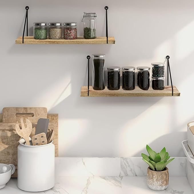 Floating Wall Shelves – Rustic Mango Wood Wall Shelves for Room Decor & Storage, Wall Mounted Hanging Shelves for Books, Bathroom, Kitchen, Living Room – Set of 2 (15×6×1 Inches)