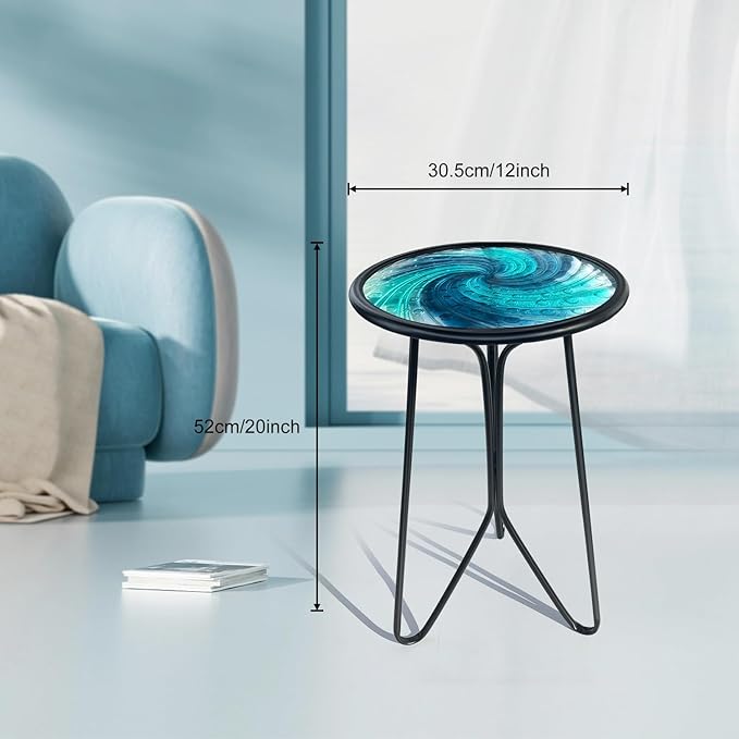 LIFFY Patio Side Table, Small Round End Table, Metal Side Table Outdoor, Small Porch Table for Indoor Balcony Furniture Decor (Blue Glass 12inch)