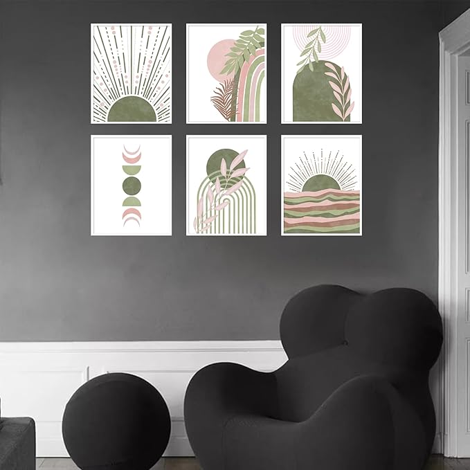 RETRART Sage Green Boho Wall Art, Minimalist Wall Art Wall Decor Geometric Line Leaf Sun Moon Beige Green Canvas Artwork Paintings, Abstract Botanical Sage Gr een Boho Room Decor - 8"x10"