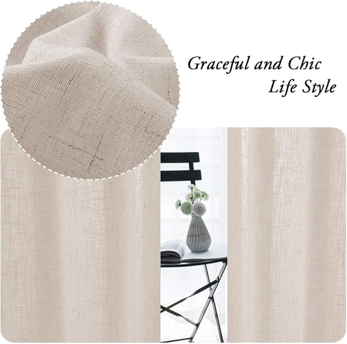 PrinceDeco Light Filtering Linen Curtains with Soft Linen Burlap, Rod Pocket Decorative Rustic & Casual Window Drapes for Living Room/Bedroom, Angora, 2 Pair, W52 x L108