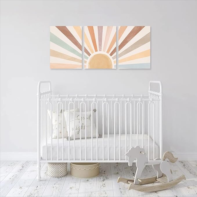 Boho Sun Wall Art Set of 3, Framed Canvas Wall Art Rainbow Sun Rising on the Horizon Geometric Nature Illustrations Line Art Wall, Office, 12"x16" Watercolor