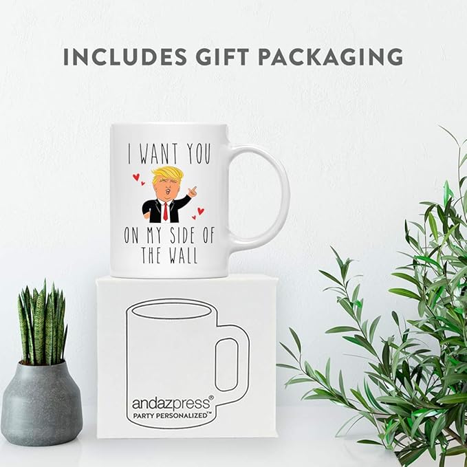 Andaz Press Valentine’s Day Funny 11oz. His Her Couples Coffee Mug Gift, I Want You On My Side Of The Wall, Donald Trump Heart, 1-Pack, Trump Valentines Day Cup Valentines Mugs
