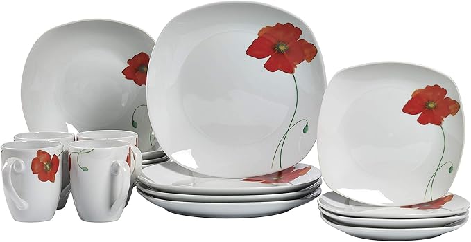 Poppy - 16 Piece Square Dinnerware Set, Service of 4