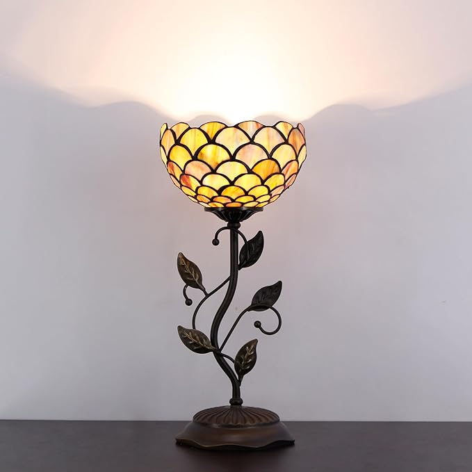 Small Tiffany Lamp Stained Glass Table Lamp Uplight Accent Lamp with Metal Leaf Base Yellow Fish Scales Style Desk Light 8X19 Inch for Home Office Living Room Bedroom
