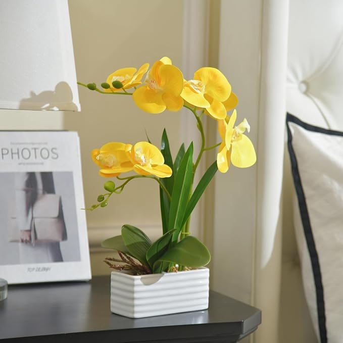 Artificial Real Touch Orchid Flowers in Pot Fake Phalaenopsis Flower with White Ceramic Vase Faux Orchids Arrangement for Home Table Office Wedding Party Decoration (Yellow)