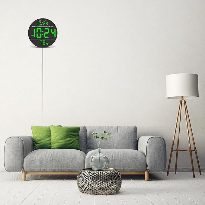 Digital Wall Clock with Large LED Display, Auto-Brightness, Temperature, Low-Reflectivity, Small Silent Non-Ticking Modern Electric Wall Clock for Bedroom, Living Room, Office, Classroom, Farmhouse