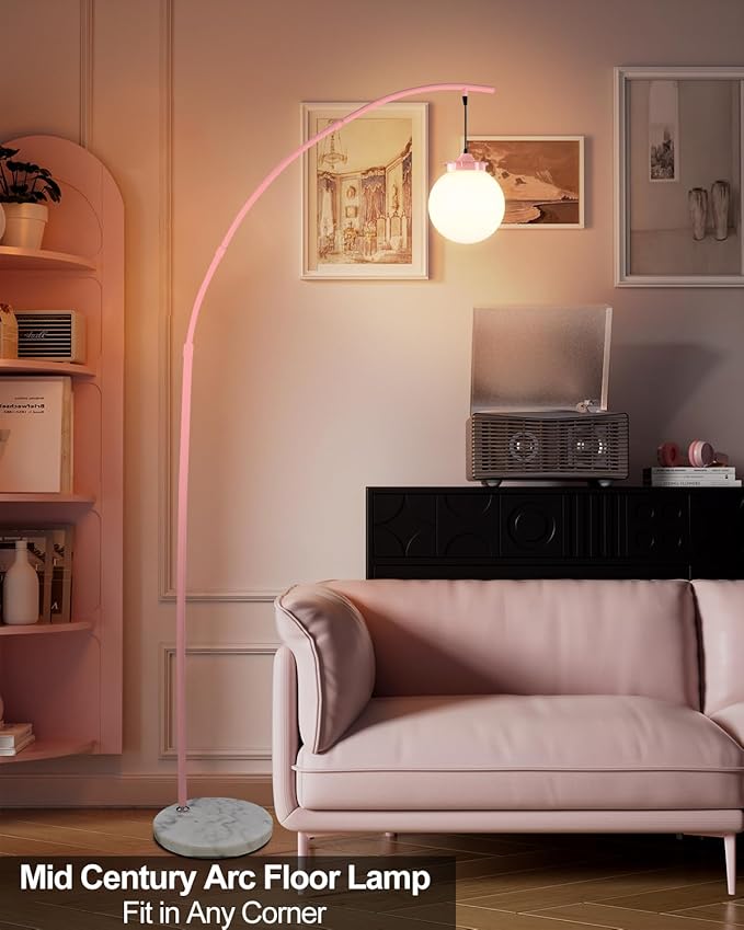 Lightdot Pink Arc Floor Lamp for Living Room, 76Inch Tall Standing Lamp with Marble Base and Globe Bulbs Included, 3000K Warmwhite Modern Mid Century Floor Lamp for Bedroom & Home Office