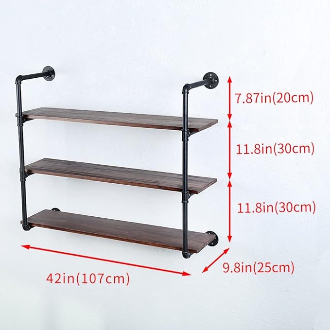 Industrial Pipe Shelving Wall Mounted,42in Rustic Metal Floating Shelves,Steampunk Real Wood Book Shelves,Wall Shelf Unit Bookshelf Hanging Wall Shelves,Farmhouse Kitchen Bar Shelving(4 Tier)
