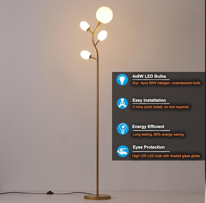 Fiqevs 4 Globe Floor Lamp with 2700K Warm Light LED Bulbs Included, Mid Century Modern Tree Standing Lamp with Frosted Glass Shade, Arc Torch Tall Lamp for Living Room, Bedroom, Office, Antique Brass