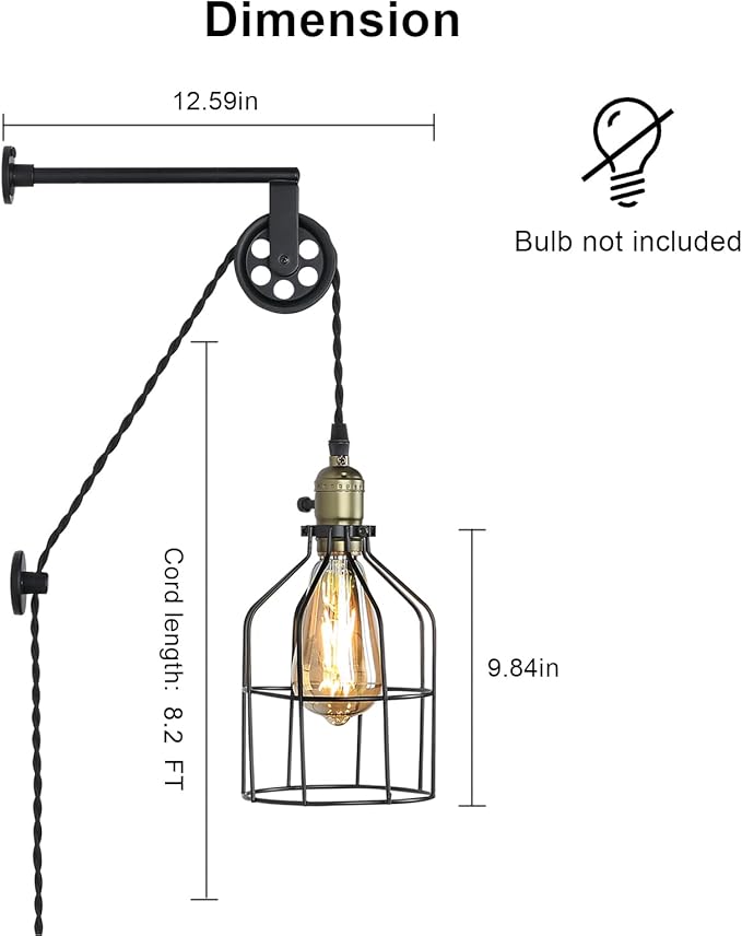 Industrial Wall Sconce Lights Lift Pulley Design Vintage Farmhouse Wall Lamps for Living Room Decor, Retro Mounted Fixture with Wheel Pendant Lamp for Bedroom(No Bulb)