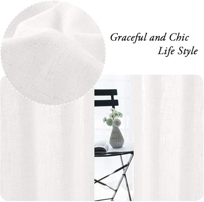 PrinceDeco White Linen Curtains 108 Inch Length 2 Panels Set, Rod Pocket Curtains for Living Room, Light Filtering Curtains for Bedroom/Living Room Energy Saving Vertical Drapes