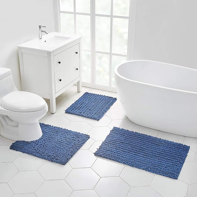 Walensee Bathroom Rug Non Slip Bath Mat (36x24 Inch Dark Blue) Water Absorbent Super Soft Shaggy Chenille Machine Washable Dry Extra Thick Perfect Absorbant Best Large Plush Carpet for Shower Floor