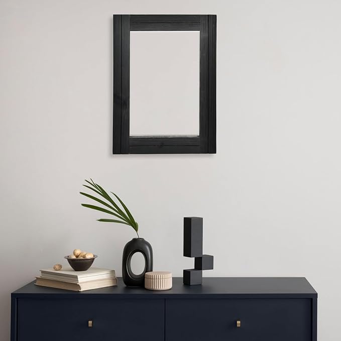 12 x 16 in Wall Decorative Mirror, Rustic Wood Frame Rectangular Mirror with Hanging Rope for Entryway, Bedroom, Guest Bathroom, Living Room, Bedroom, Black