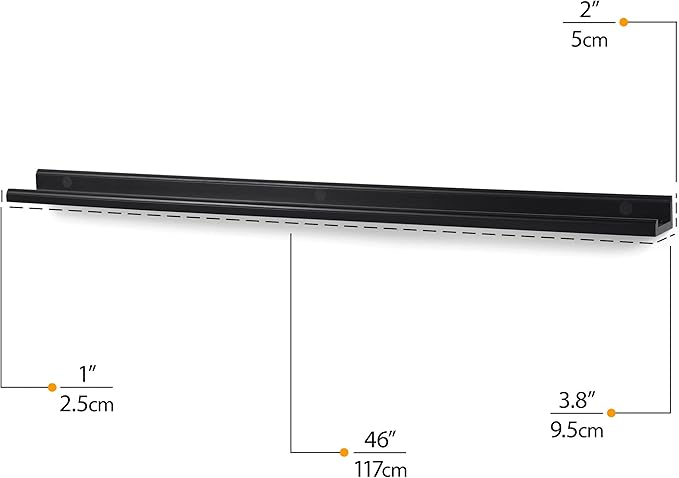 Wallniture Boston Picture Ledge Shelf 46" Wall Decor Black Bookshelf for Picture Frames, Toddler Toys, Kids Books
