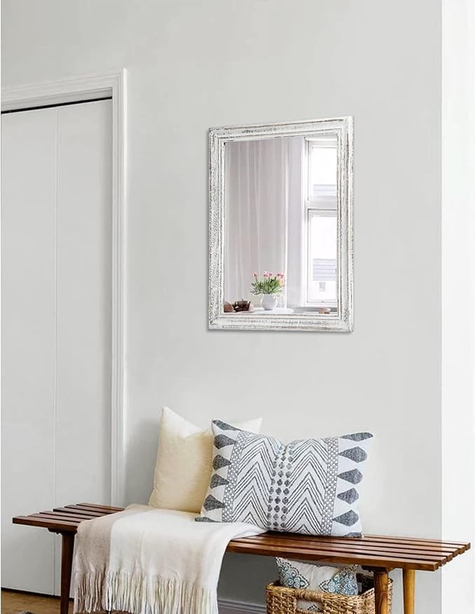 Wall Mirror with Rustic Wood Frame Rectangle Hanging Mirrors for Wall Large Decorative for Bathroom Bedroom Farmhouse Living Room Entryway 20"x16"