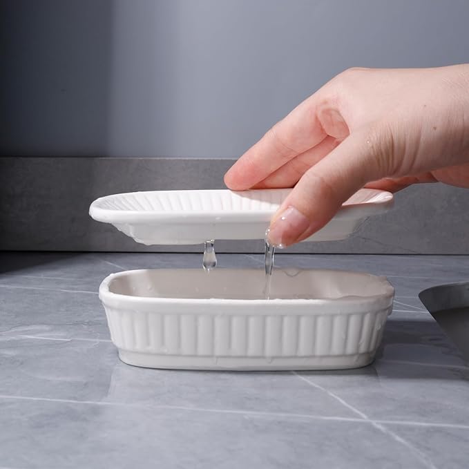 Ceramic Soap Dish, Self-draining Soap Holder, Double Layer Bar Soap Holder, White Draining Soap Dishes for Bathroom Shower Kitchen, Minimalist Vintage Style, Keep Soap Dry, ANTIS'S HOME
