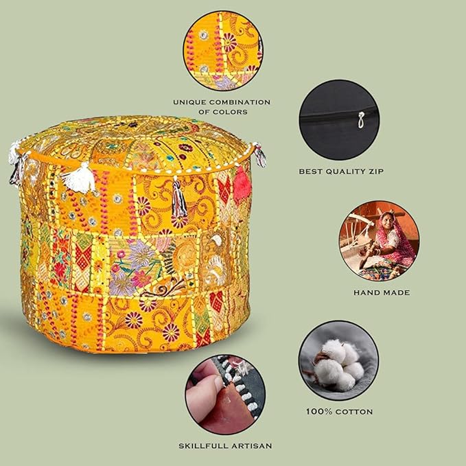 Aakriti Gallery Indian Pouf Footstool - Ethnic Embroidered Ottoman Pouf Cover, Cotton Round Pouffe - Yellow, 22x14