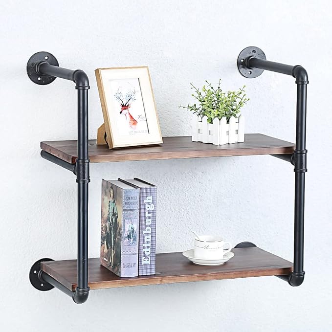 Industrial Pipe Shelving Wall Mounted,24in Rustic Metal Floating Shelves,Steampunk Real Wood Book Shelves,Wall Shelf Unit Bookshelf Hanging Wall Shelves,Farmhouse Kitchen Bar Shelving(2 Tier)