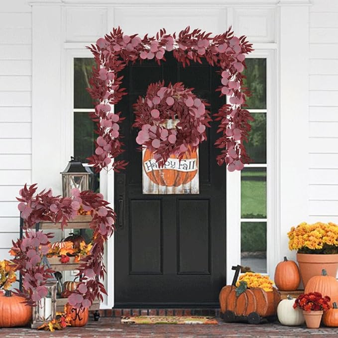 2Pcs Artificial Eucalyptus Garlands with Willow Leaves 6.6 Ft Faux Hanging Eucalyptus Willow Vines Fall Rattan for Thanksgiving Christmas Party Wedding Table Centerpiece Fireplace Decoration(Burgundy)