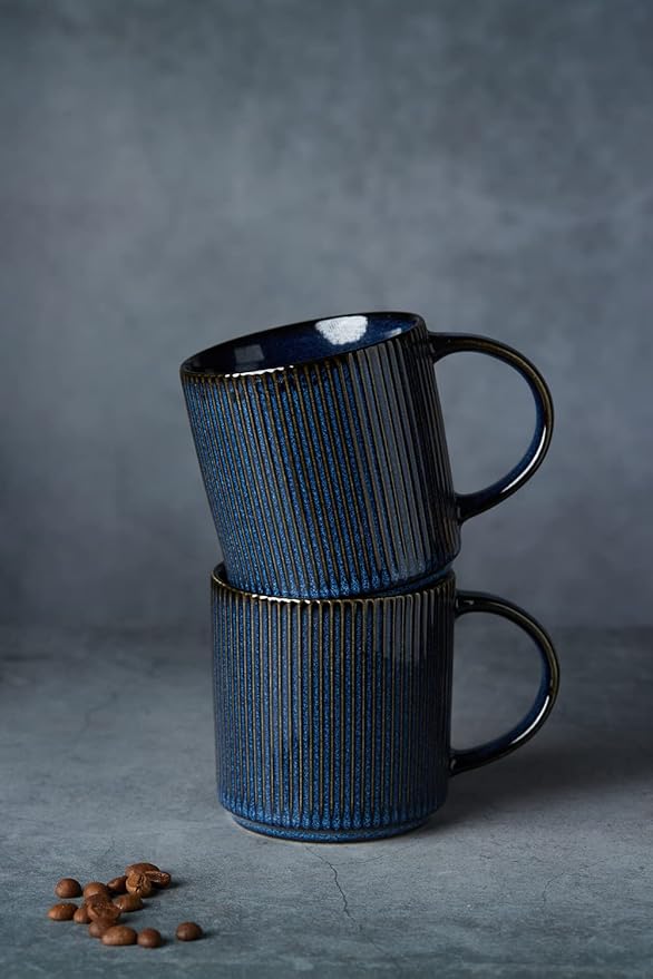 famiware Coffee Mug Set for 4, Star 12 oz Catering Mugs Cup Set with Handle for Coffee, Tea, Cocoa, Milk - Ceramic Stoneware Drinkware Set, Nebulas Blue