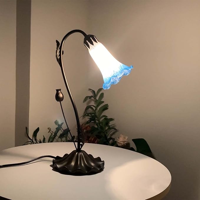 Bieye L10852 Lily Flower Blown Glass Accent Table Lamp for Living Room Bedroom Decoration (1-Light, Blue)