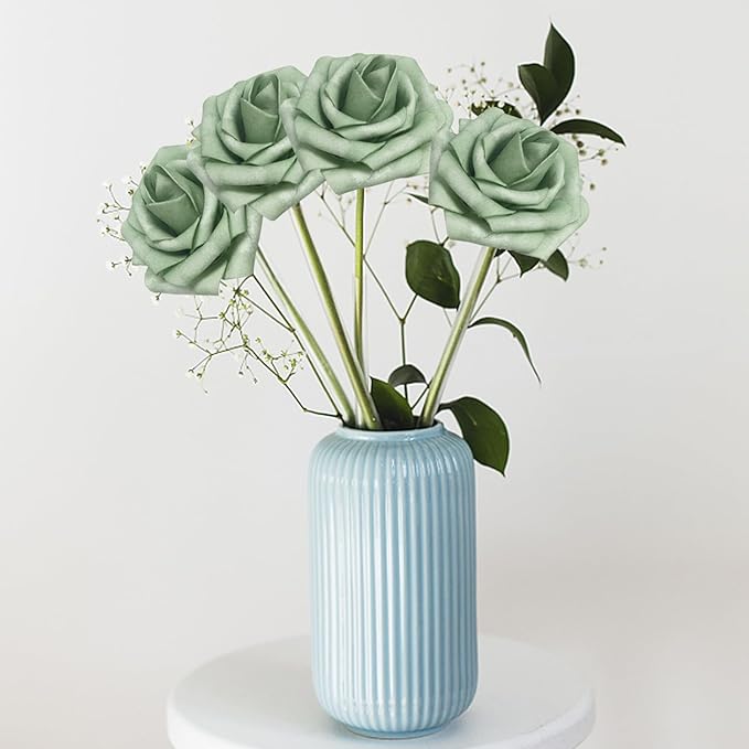Artificial Flowers 50Pcs Elf Gree Roses Real Looking Foam Fake Roses with Leaves for DIY Wedding Bouquets Bridal Shower Centerpieces Party Decorations (Elf Green, 50)