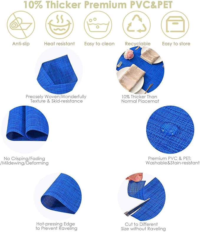 GIVERARE Placemats Set of 4, Heat-Resistant Woven Vinyl Placemat 12x18in, Non-Slip Washable PVC Table Mat, Easy to Clean Premium Plastic Mats for Dining, Kitchen Table (Navy Blue)