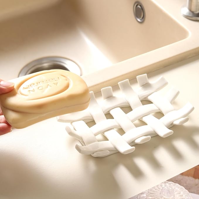 Ceramic Soap Dish with Self Drain for Shower, Bar Soap Holder to Lift and Keep Dry, Concave Design to Prevent Slipping, Suitable for Kitchen and Bathroom, White